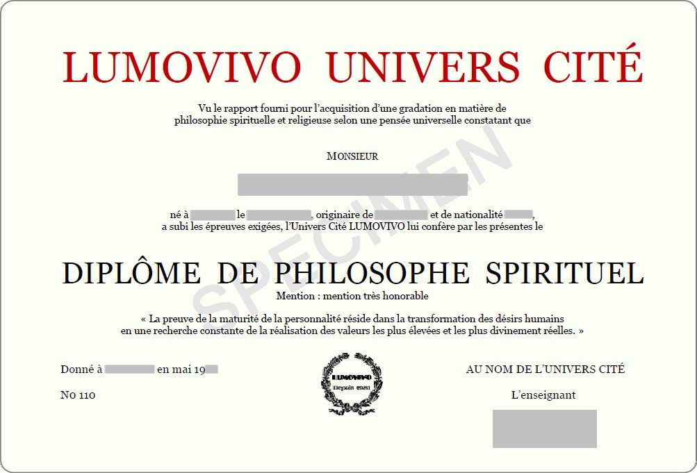 Diplôme de Philosophie spirituelle LUMOVIVO